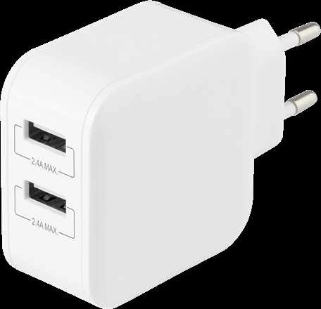 DELTACO USB sieninis įkroviklis, 2x USB-A 2,4 A, iš viso 24 W, baltas USB-AC175