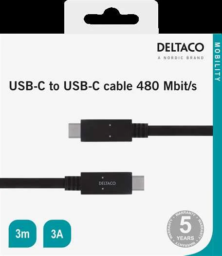 DELTACO USBc 2.0 kabelis, C - C tipas, 3m, juodas USBC-2003M