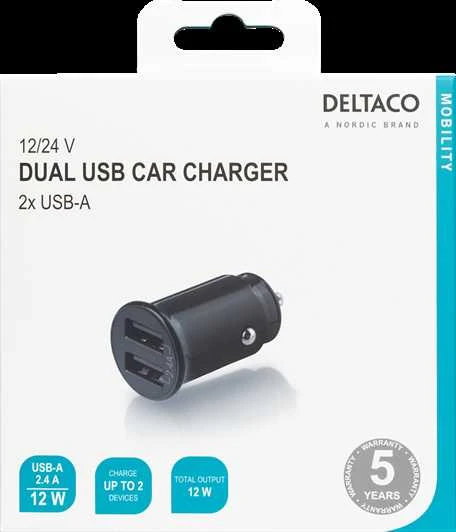 DELTACO 12/24 V USB įkroviklis su dvigubomis USB-A jungtimis, 2,4 A, 12 W, juodas USB-CAR124
