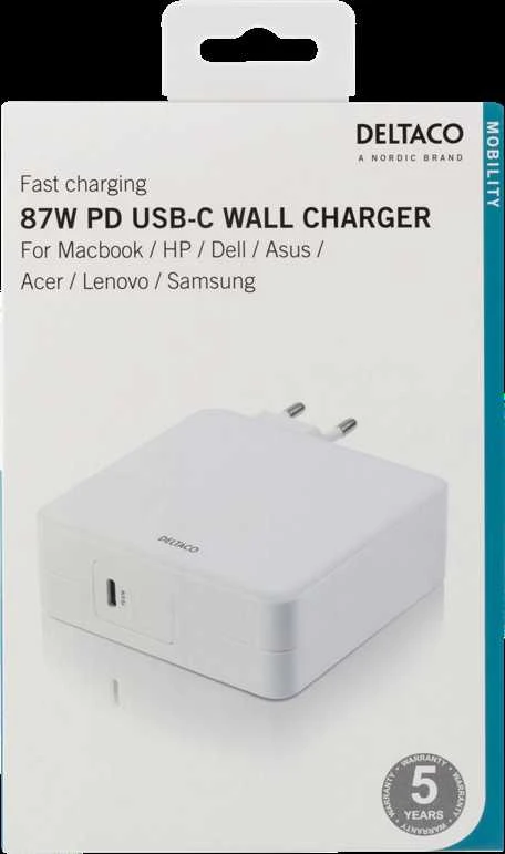 DELTACO 87W USB-C maitinimo šaltinis, greitas įkrovimas, USB-C PD, baltas / USBC-AC117