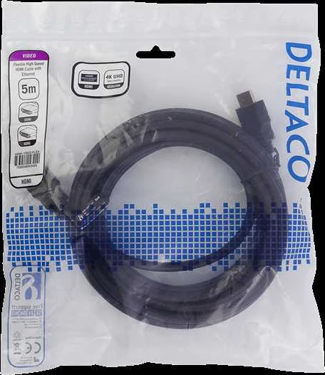 DELTACO flex HDMI laidai, 4K UltraHD 30Hz, 5m, Juodas HDMI-1050D-FLEX