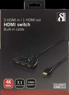 DELTACO HDMI jungiklis, 3 įėjimai į 1 išėjimą, 4K esant 60 Hz dažniui, 0,5 m laidas, 7.1 garsas, Ultra HD, juodas / HDMI-7044