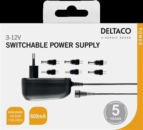 DELTACO universalus maitinimo šaltinis 100-240 V, 3-12 V, 600 mAh, 6 antgaliai PSR-06A
