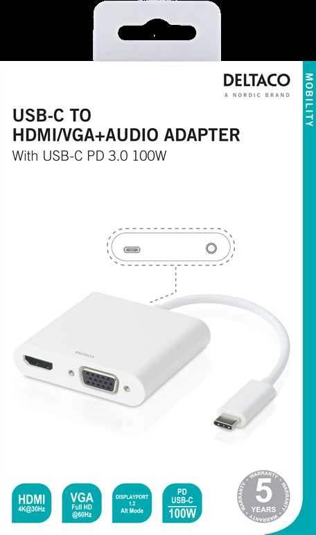 DELTACO USB-C Adapteris, HDMI / VGA / Audio / USB-C, 100W USB-C PD 3.0, baltas/ USBC-HDMI16