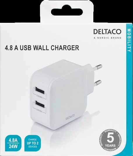 DELTACO USB sieninis įkroviklis, 2x USB-A 2,4 A, iš viso 24 W, baltas USB-AC175