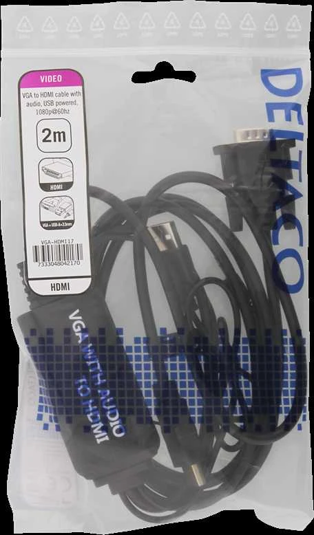 DELTACO VGA su audio - HDMI kabelis, VGA / HDMI / USB / 3.5mm, 1920x1080 60Hz, 2m, juodas / VGA-HDMI17