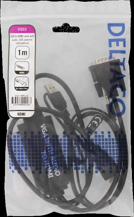 DELTACO VGA su audio į HDMI kabelis, VGA / HDMI / USB / 3.5mm, 1920x1080 at 60Hz, 1m, juodas VGA-HDMI16