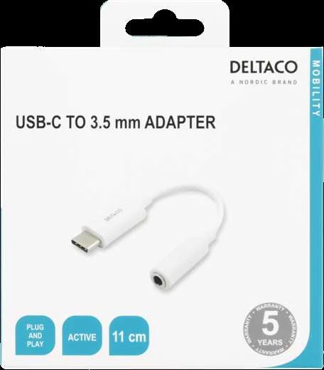 DELTACO USB-C į 3,5 mm adapteris, 10 cm, aktyvus, baltas USBC-1145