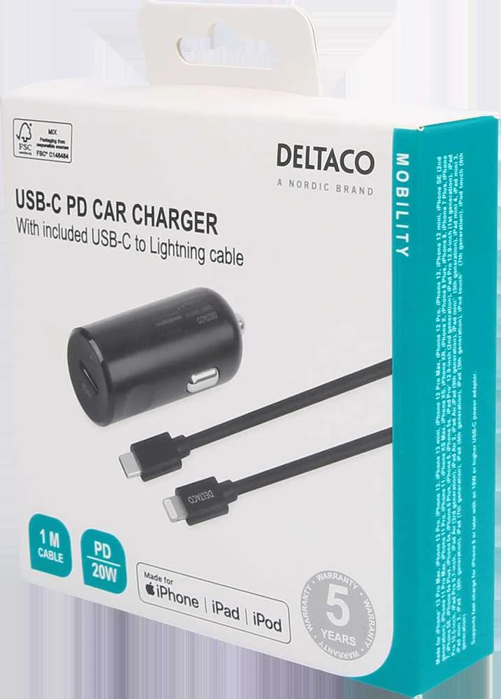 DELTACO USB automobilinis įkroviklis, 1x USB-C PD 20 W, 1 m Lightning laidas, juodas