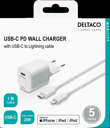 DELTACO USB sieninis įkroviklis, USB-C, PD 20 W, 1 m C - „Žaibas“ USBC-AC141