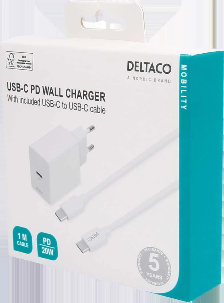 DELTACO USB-C sieninis įkroviklis, 1x USB-C PD 20 W, 1 m USB-C laidas, baltas, USBC-AC146