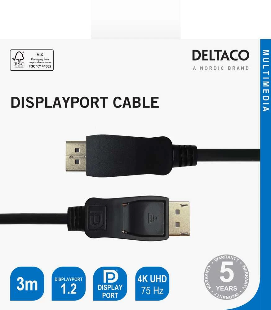 DisplayPort KABELIS DELTACO 4K UHD, 21,6 Gb/s, 3m, juodas / DP-1030-K / 00110003