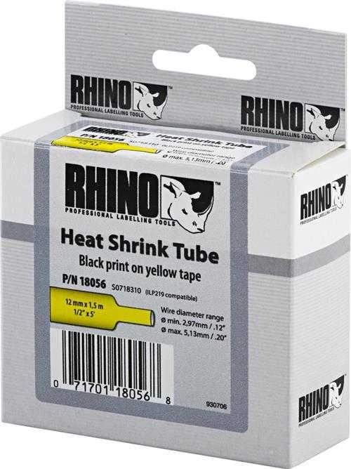 DYMO Rhino Professional, pastebimas susitraukiantis vamzdelis, 12x1,5 mm, juodas tekstas ant geltonos žarnos, 1,5 m, 18056