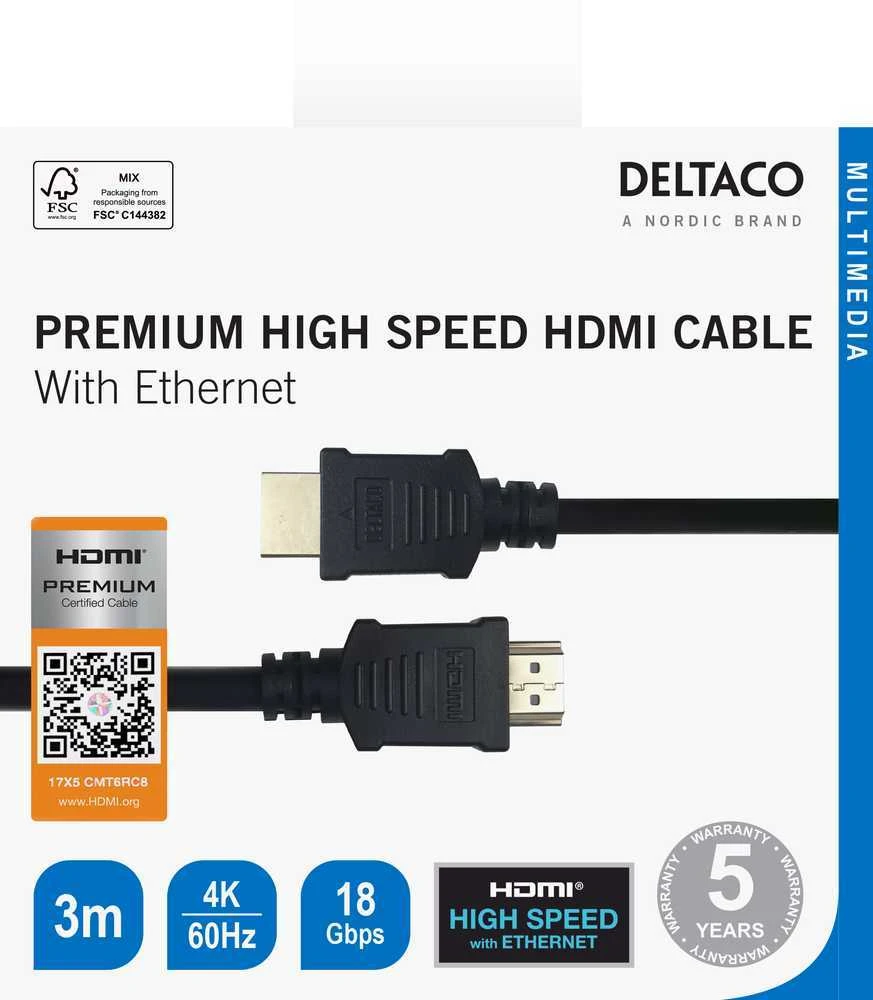 HDMI kabelis DELTACO Premium High Speed, 4K UHD, 3m, juodas / HDMI-1030-K / R00100010