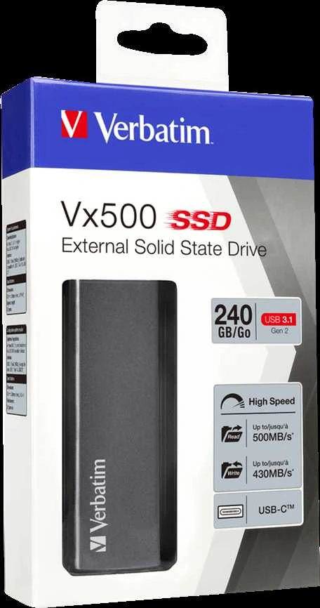 Išorinis kietasis diskas SSD Verbatim Vx500 240GB, USB 3.1, Gen 2, pilkas / V47442