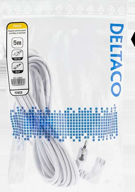 Išvesties kabelis DELTACO skirtas prijungti prie įrenginio ir sieninio lizdo, 5 m, kampinis CEE 7/16 į kampinį IEC 60320 C7, maks. 250 V 2,5 A, baltas / DEL-109BV