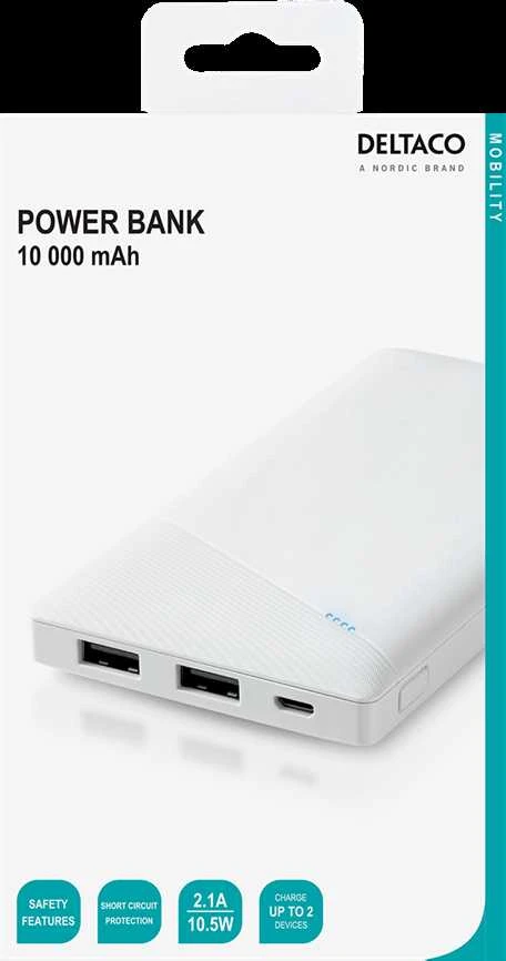 Išorinė baterija DELTACO 10000 mAh, 2,1 A / 10,5 W, 37 Wh, 2x USB-A, balta / PB-A1001