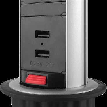 Iššokanti maitinimo juosta DELTACO OFFICE su apsauga nuo viršįtampių, 3x EU kištukai, 2x USB, juoda/sidabrinė / DELO-0402