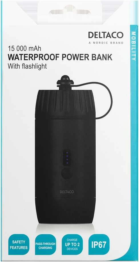 Išorinė baterija DELTACO 15 000 mAh, IP67, USB-A ir C, žibintuvėlis, SOS LED / PB-Q1002
