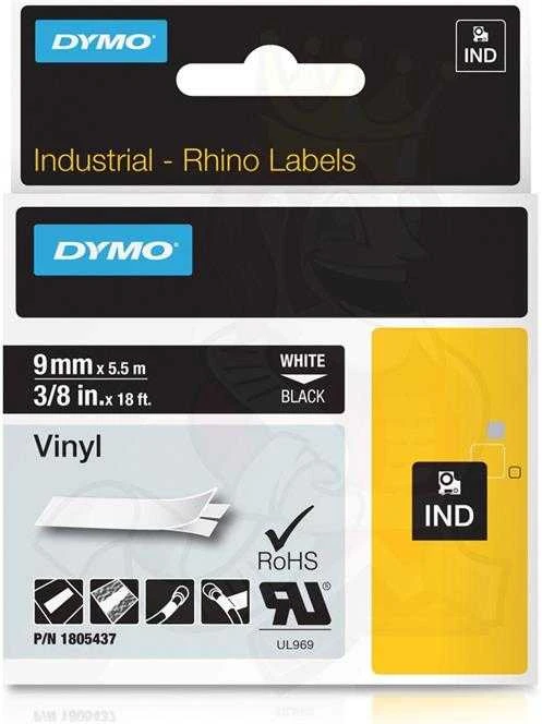 Juostelė DYMO Rhino 9mm x 5,5m, vinilinė, balta ant juodo / 1805437
