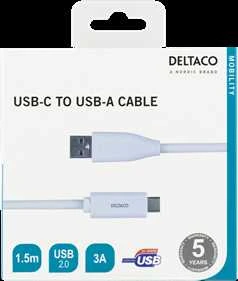 Kabelis DELTACO USB 2.0, C tipas - A tipo vyras, 1,5 m, baltas / USBC-1010M