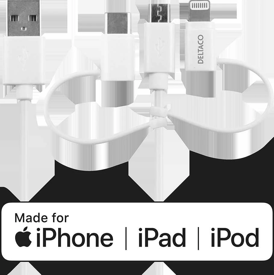 Kabelis DELTACO USB-C / Micro USB / Lightning į USB-A, 1m, Apple C189 chipsetm FSC ženklinta pakuotė, baltas / IPLH-441