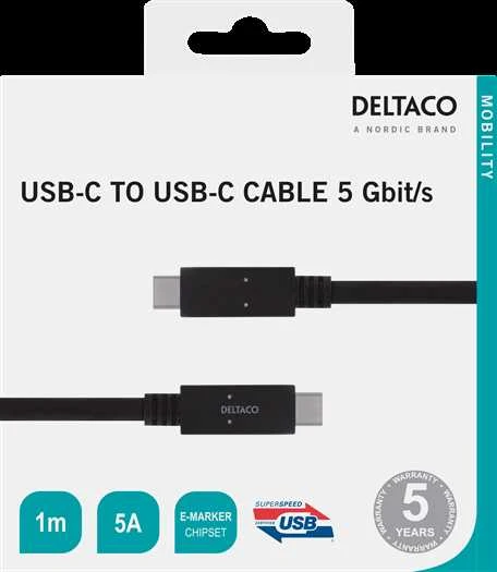 Kabelis DELTACO USB-C - USB-C, 5Gbit/s, 5A, 1M, juodas / USBC-1501M