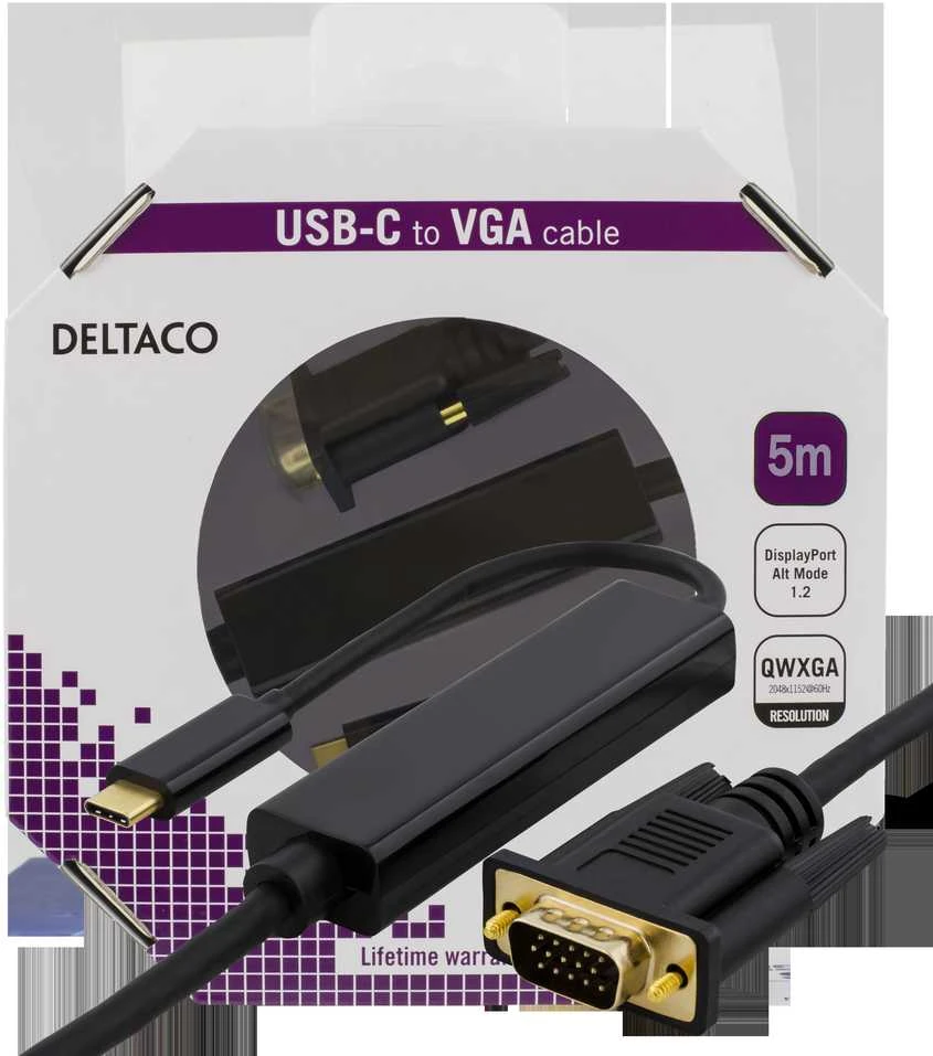 Kabelis DELTACO USB-C - VGA, QWXGA 2048x1152 60Hz, 5m, DP 1.2 Alt Mode, juodas / USBC-1089-K