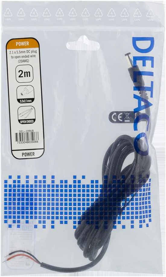 Kabelis DELTACO 5.5x2.1mm DC į atvirą laidą, 2m, 20AWG, juodas / DEL-109UB
