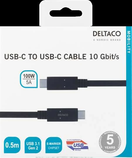 Kabelis DELTACO USB-C – USB-C, 0,5 m, USB 3.1 Gen 2 / USBC-1401M