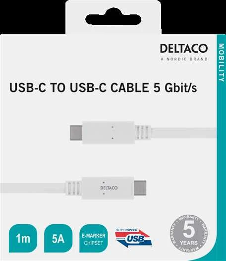 Kabelis DELTACO USB-C - USB-C, 5Gbit / s, 5A, 1M, baltas / USBC-1502M