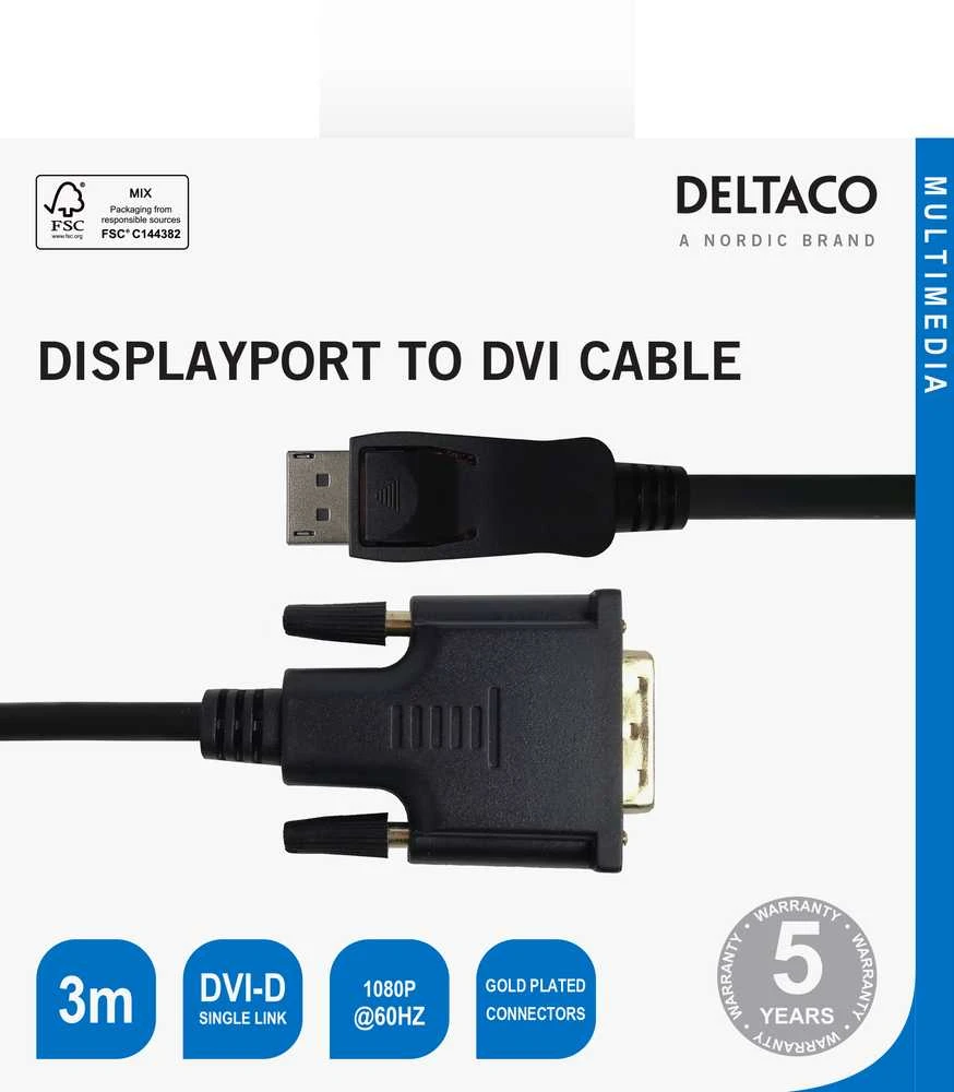 Kabelis DELTACO DisplayPort - DVI-D Single Link, 1080p 60Hz, 3m, juodas / DP-2030-K / 00110010
