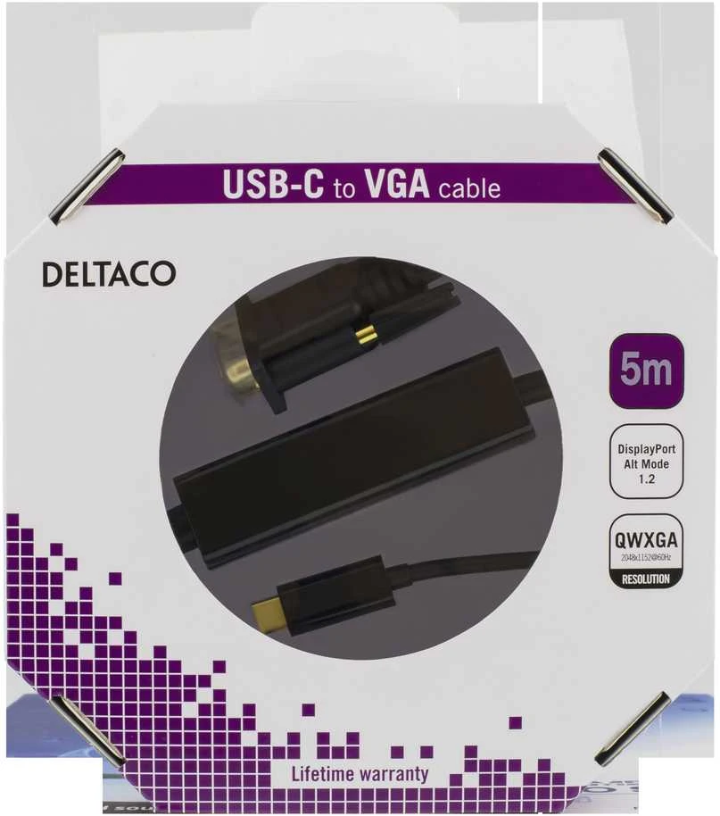Kabelis DELTACO USB-C - VGA, QWXGA 2048x1152 60Hz, 5m, DP 1.2 Alt Mode, juodas / USBC-1089-K