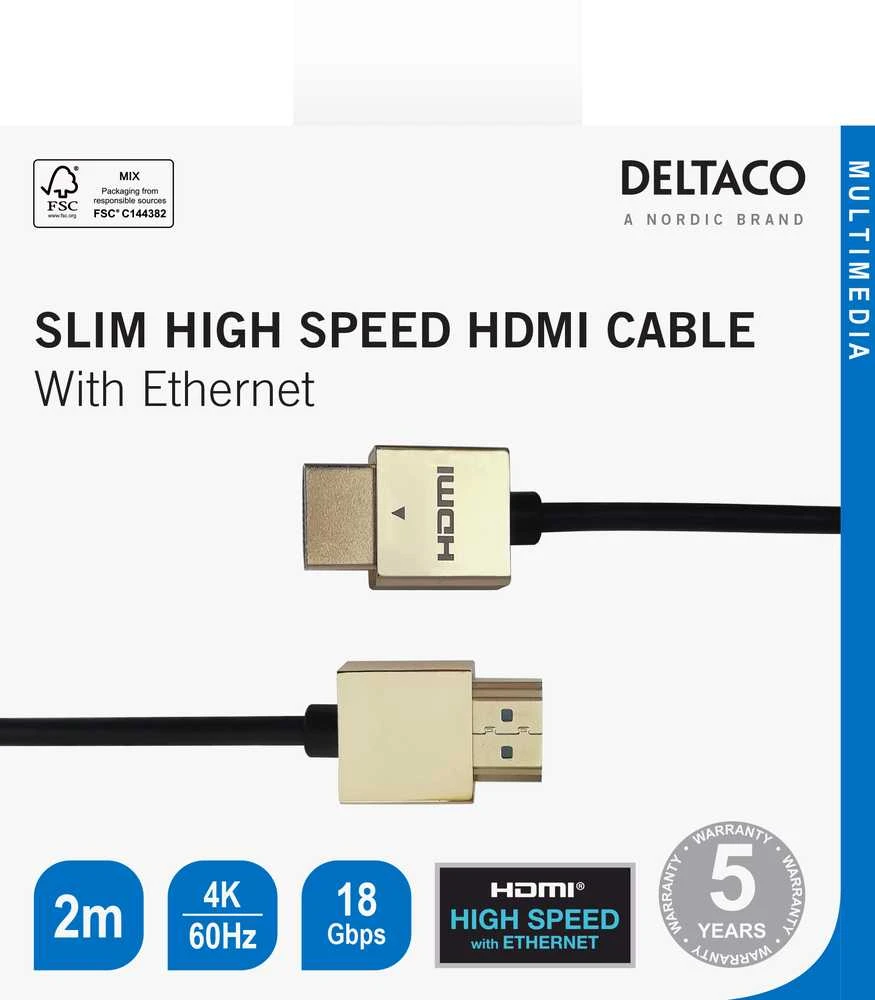 Kabelis DELTACO Itin plonas HDMI, 4K UHD, 2m, juodas/auksinis/ HDMI-1042-K / 00100011