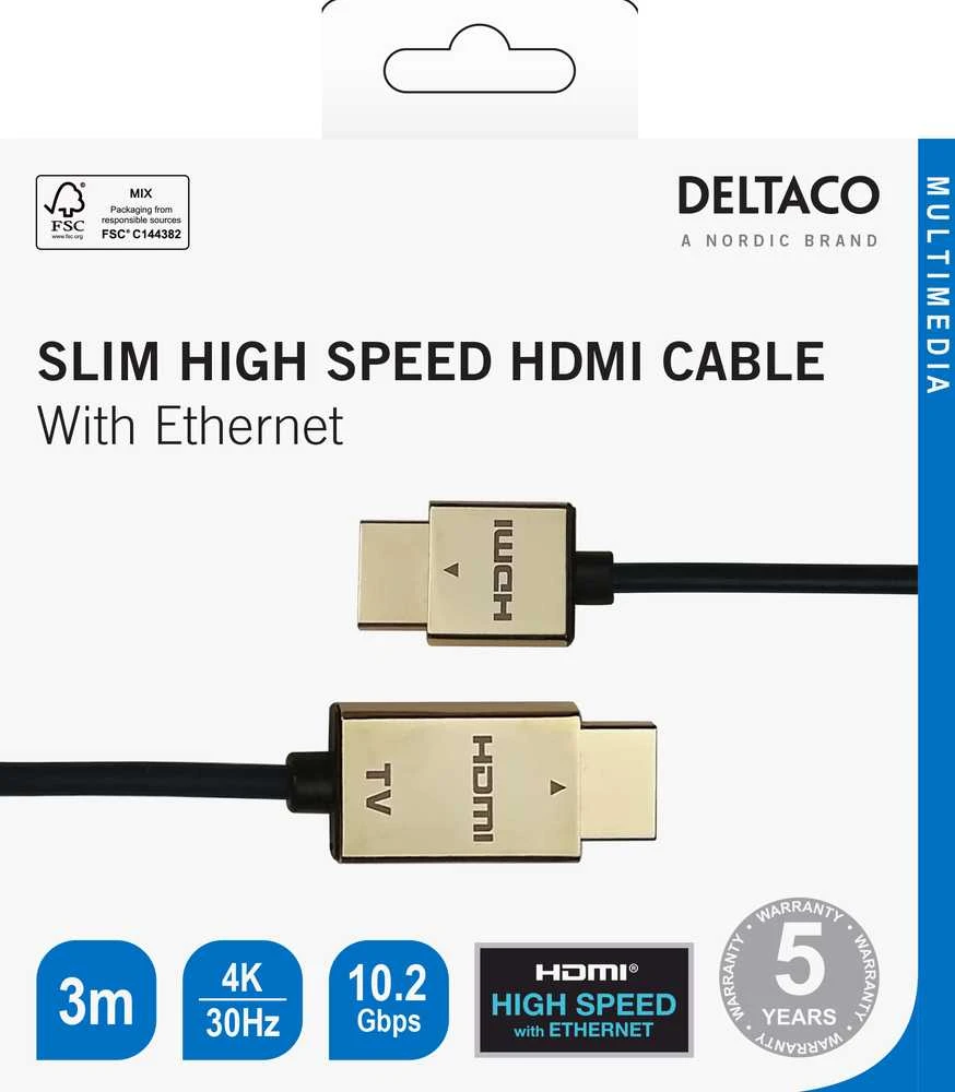 Kabelis DELTACO Itin plonas HDMI, 4K UHD, 3m, juodas/auksinis / HDMI-1043-K / 00100012