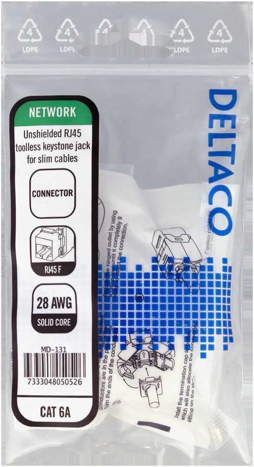 Keystone jungtis DELTACO UTP Cat6a, neekranuota, 28AWG, plona / MD-131