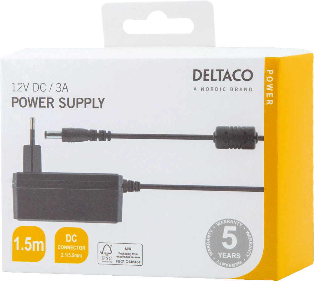 Kintamosios srovės adapteris DELTACO 100-240 V AC 50/60 Hz iki 12 V DC, 3 A, 1.5 m, juodas / PS12-30B