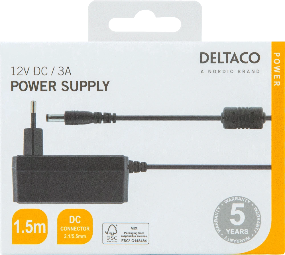 Kintamosios srovės adapteris DELTACO 100-240 V AC 50/60 Hz iki 12 V DC, 3 A, 1.5 m, juodas / PS12-30B