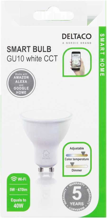 LED lempa DELTACO SMART HOME GU10, WiFI 2.4GHz, 5W, 470lm, 2700K-6500K, 220-240V, balta / SH-LGU10W