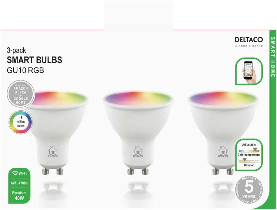 LED išmanioji lemputė DELTACO SMART HOME 3 vnt. pakuotėje, GU10, WiFI 2.4GHz, 5W, 470lm, pritemdoma, 2700K-6500K, 220-240V, RGB / SH-LGU10RGB-3P