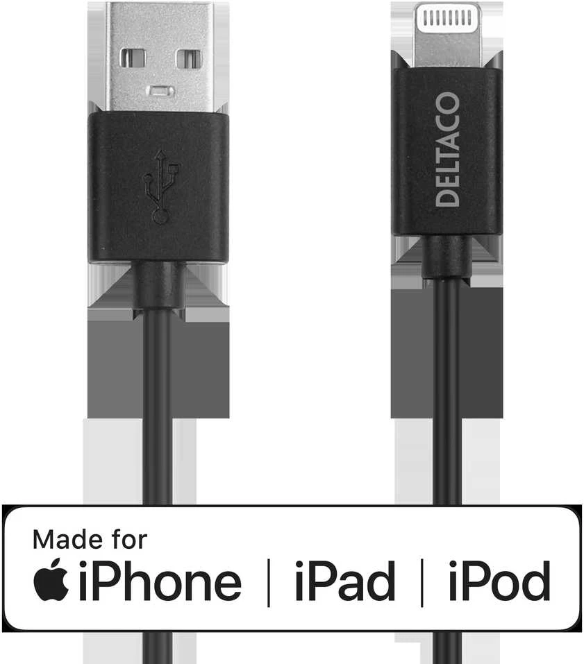 Lightning kabelis DELTACO 2m, Apple C189 chipset, MFi, FSC ženklinta pakuotė, juodas / IPLH-412