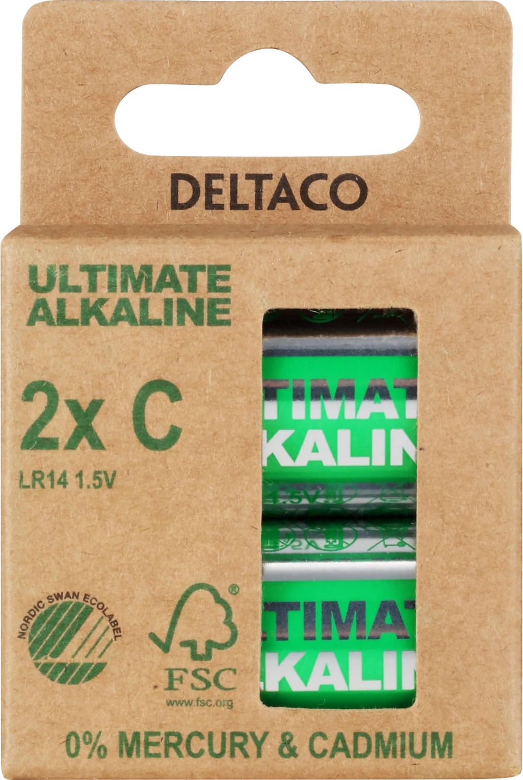 Deltaco C tipo baterijos kartoninėje pakuotėje