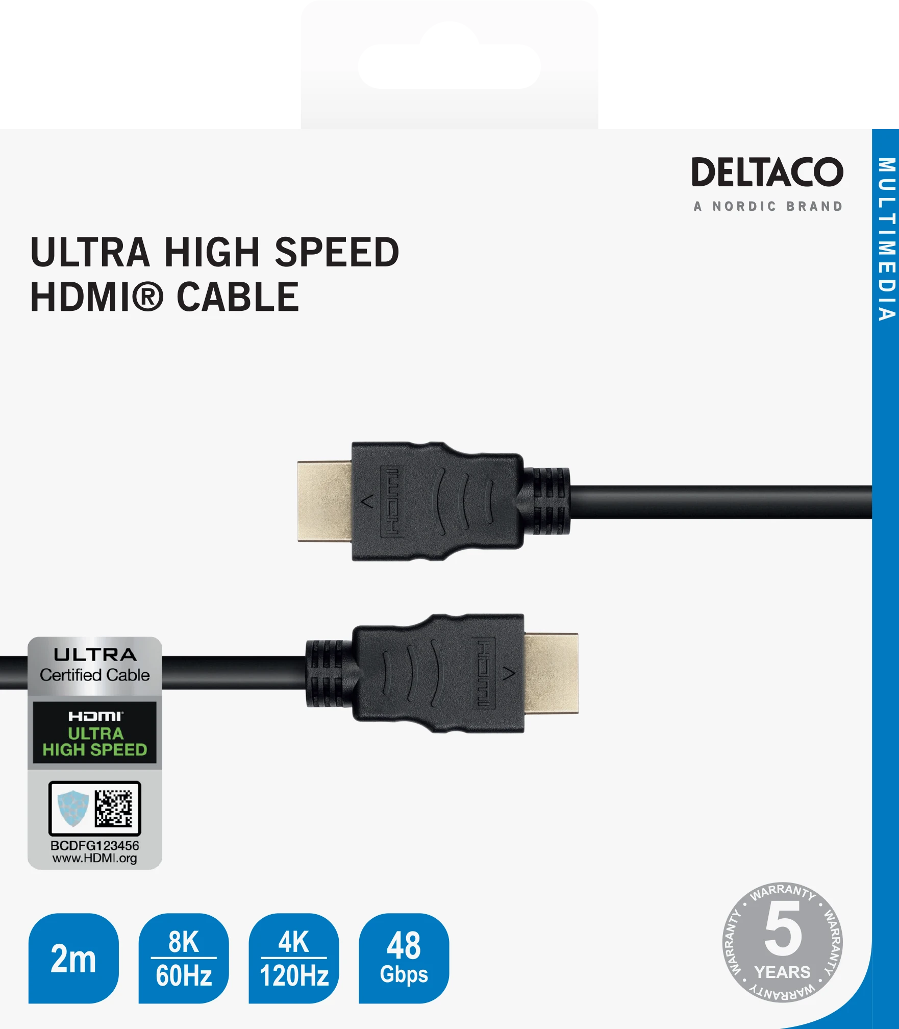 Ultra High Speed HDMI kabelis DELTACO 2M, eARC, QMS, 8K prie 60Hz, 4K prie 120Hz, juodas / HU-20-R