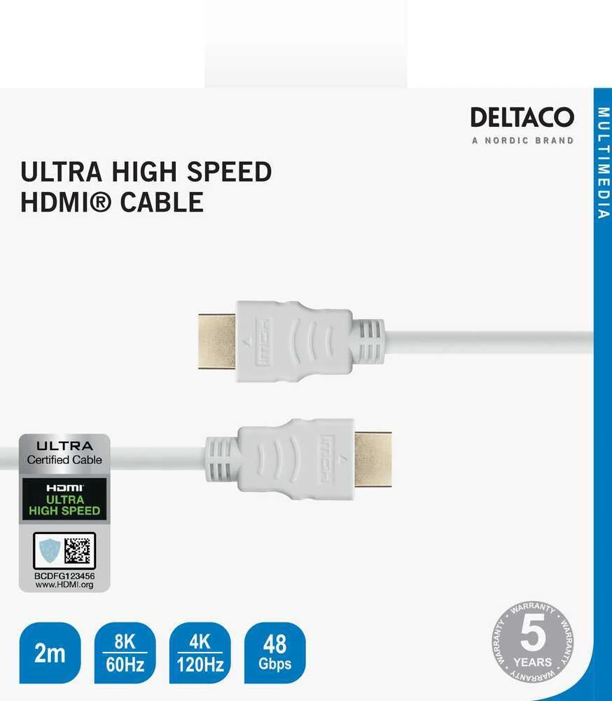 Ultra didelės spartos HDMI kabelis DELTACO 2M, eARC, QMS, 8K prie 60Hz, 4K prie 120Hz, baltas / HU-20A-R