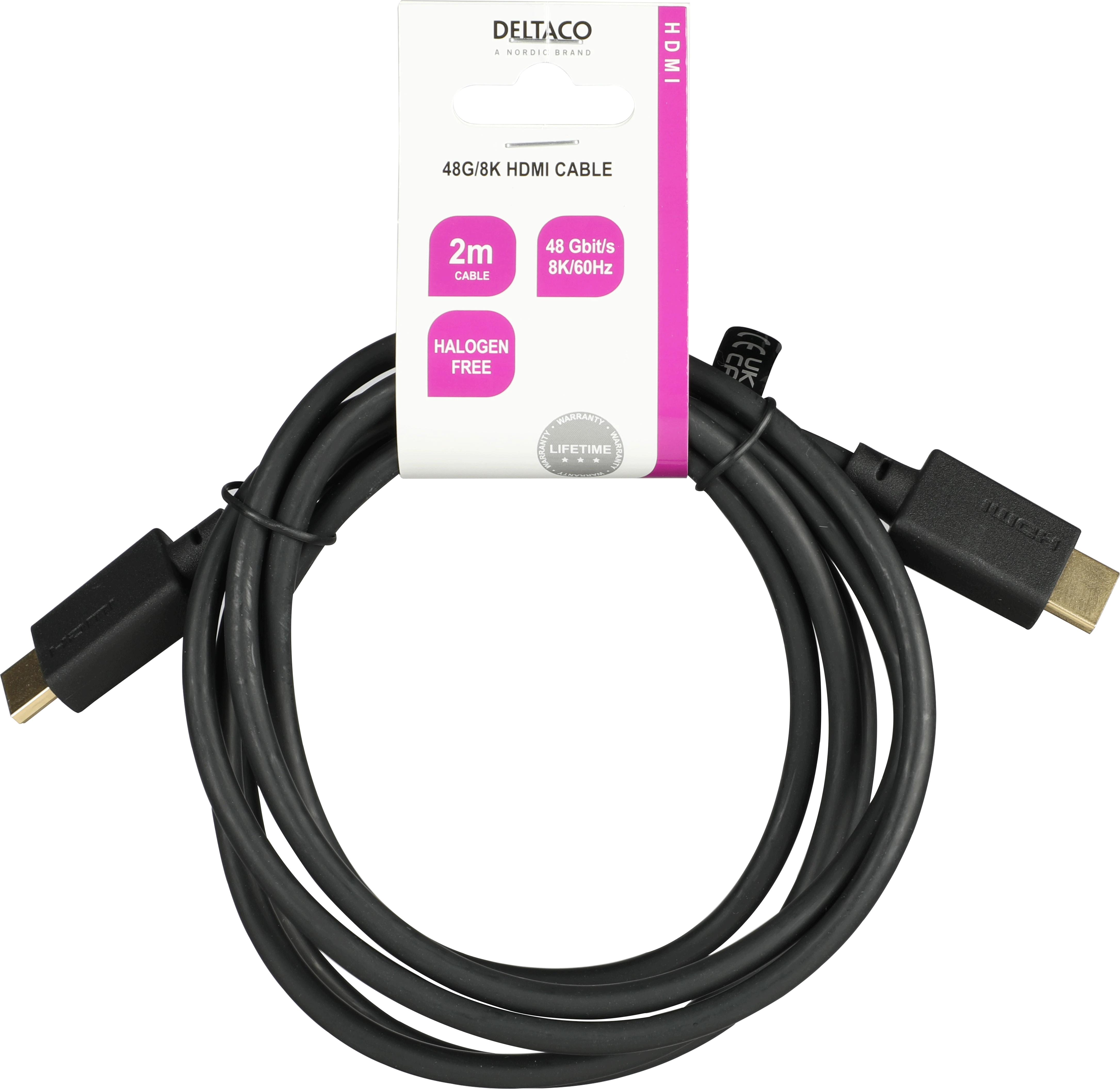 Ultra High Speed HDMI kabelis DELTACO 2m, eARC, QMS, 8K 60Hz, 4K 120Hz, LSZH, juodas / HU-20-LSZH
