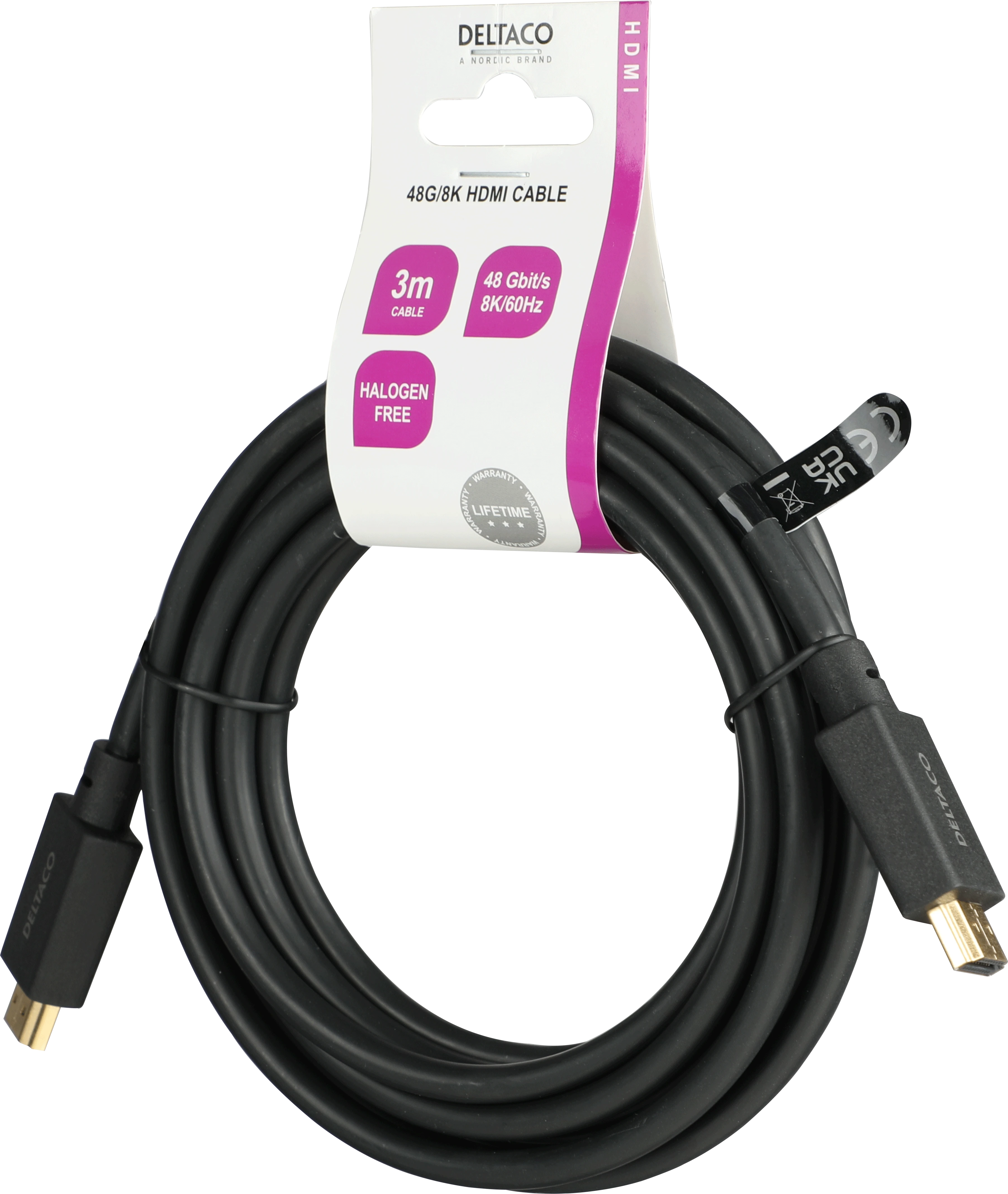 Deltaco 3m HDMI kabelis su pakuotės etikete