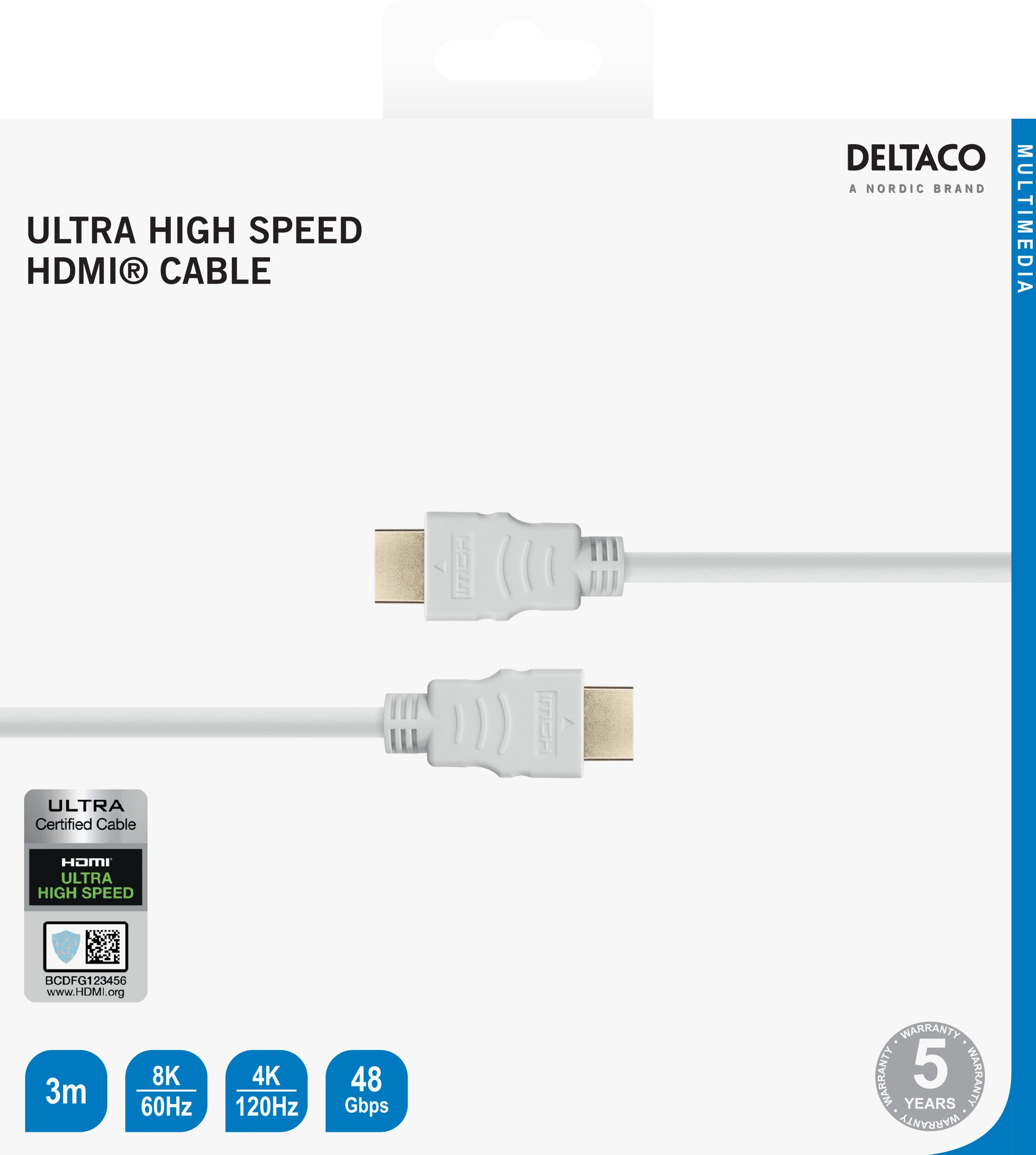Deltaco HDMI kabelis, du antgaliai ir specifikacijų piktogramos