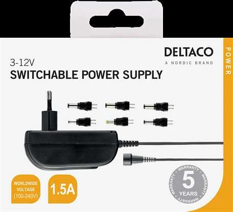 Maitinimo šaltinis DELTACO nuo 240 V iki 3-12 V, 1,5 A, 6 skirtingi antgaliai, juodas / PSR-15B