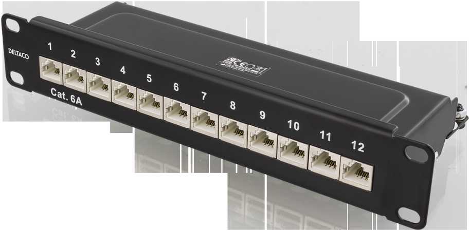 Panelė DELTACO 10", 12xRJ45, Cat6a, STP, 10Gbps, metalinė, juoda / 10-PATCH15