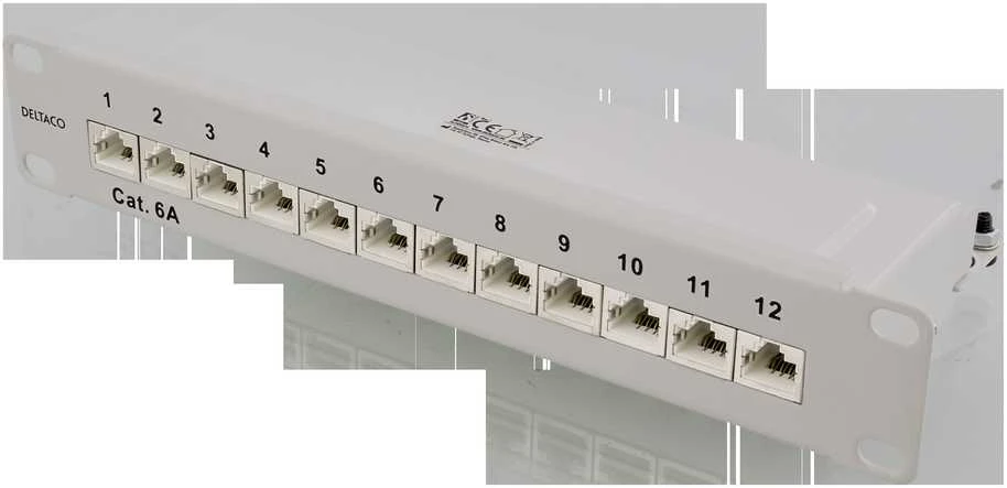 Panelė DELTACO 10", 12xRJ45, Cat6a, STP, 10Gbps, metalinė, pilka / 10-PATCH14